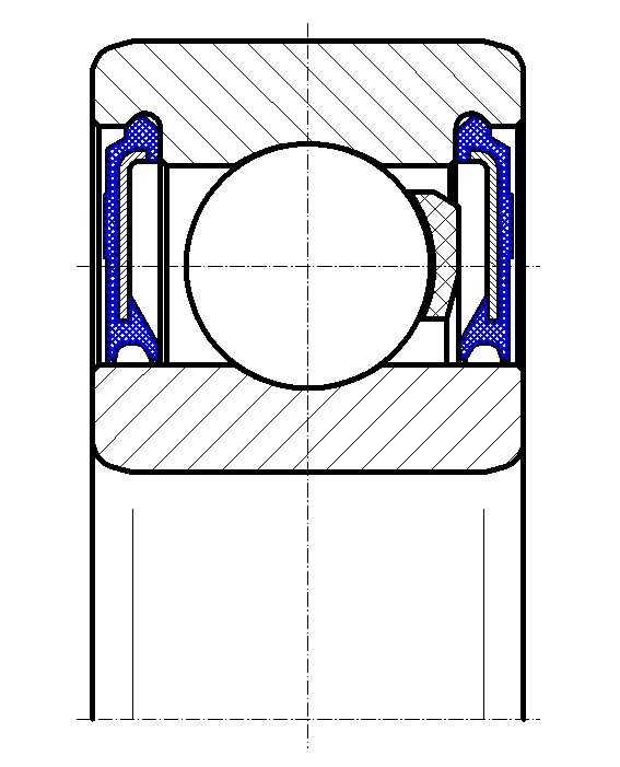 Průřez jednořadého kuličkového ložiska s plastovou klecí a těsněním -2RZ